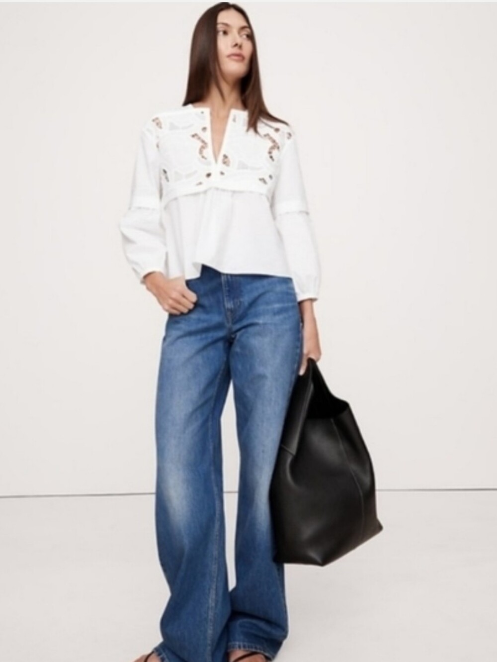Banana Republic White Lace-Panel Cotton Poplin Blouse